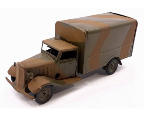 Triang Minic Pre War Army Transport Van 21MCF, tinplate, clockwork, green/brown camouflage livery, light age related wear oth