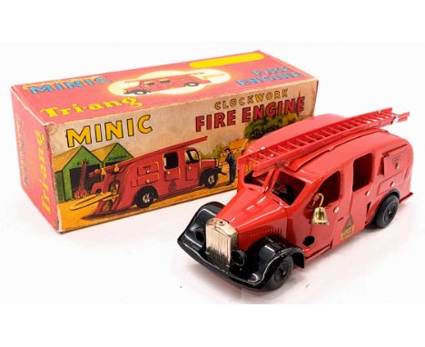 Triang Minic Post War Fire Engine 62M, tinplate, clockwork, red with plastic ladder, within Good Plus to Excellent box, Good 