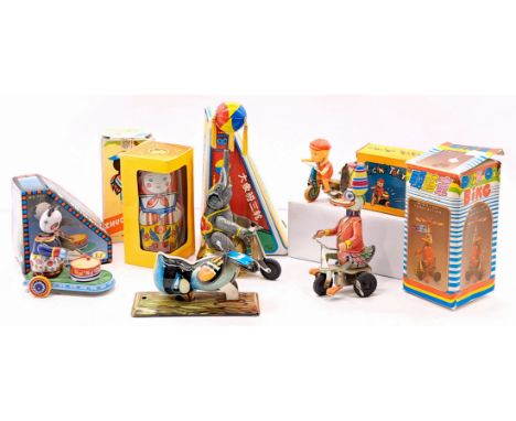 Tinplate boxed novelty group x six, Chinese and Russian made, clockwork, all within Good boxes, Good to Good Plus; (6).