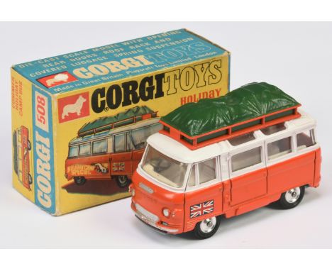 Corgi 508 Commer "Holiday Camp Special" Bus - two-tone white, orange, silver trim, spun hubs, white interior, green plastic c
