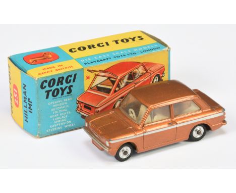 Corgi Toys 251 Hillman Imp - metallic bronze, white side flashes, pale cream interior, with luggage case, silver trim, spun h