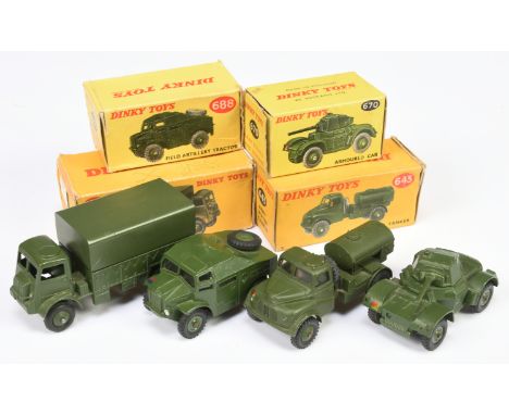 Dinky Toys group of Military Vehicles to include (1) 623 Army Covered Wagon - green, metal tilt, ridged hubs including smooth