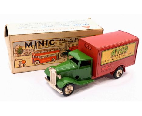 Triang Minic Post War Delivery Van Atco Motor Mowers 22M, tinplate, clockwork, green cab, red trailer, within Good Plus box, 