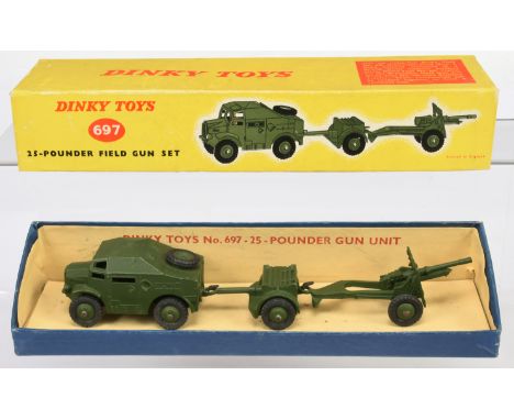Dinky Toys 697 25pdr Field Gun Set - Artillery Tractor, Trailer and 25pdr Field Gun, military green bodies, ridged hubs and t