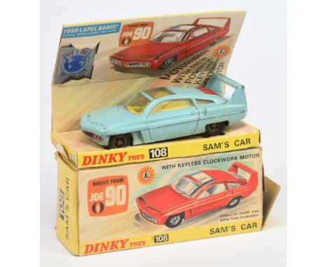Dinky Toys 108 "Joe 90" Sam's Car - Powder Blue body, yellow interior, red engine cover, cast hubs. Condition is generally Fa