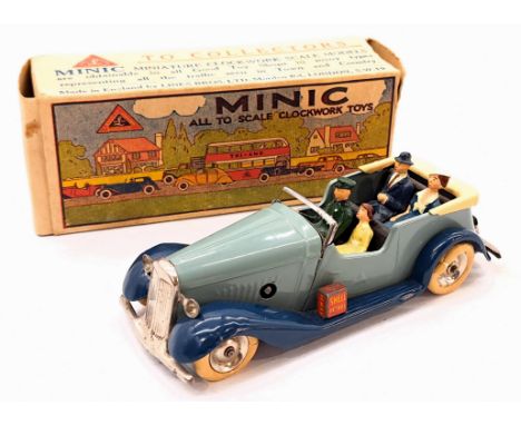 Triang Minic Pre War Tourer 34M, tinplate, clockwork, light and dark blue, with passengers, within Good box (missing some ope