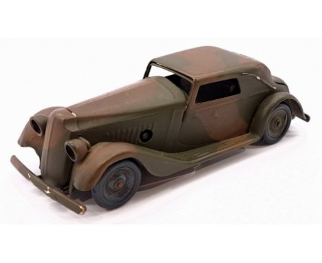 Triang Minic Pre War Army Vauxhall Cabriolet 19MCF, tinplate, clockwork, green/brown camouflage livery, light age related wea