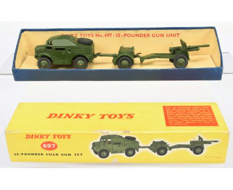 Dinky Toys 697 25pdr Field Gun Set - Artillery Tractor, Trailer and 25pdr Field Gun, military green bodies, ridged hubs and t