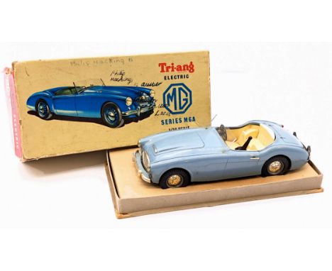 Triang 1/20th scale battery-operated plastic Austin Healey 100/6, grey-blue body, replacement windscreen, ivory interior, chr