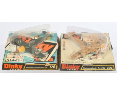 Dinky Toys pair of 726 Messerschmitt BF 109E Planes - (1) Camouflage Beige, green, pale blue undercarriage and (2) drab green