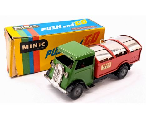Triang Minic Push and Go Dustcart, tinplate, green cab, red trailer, within Good box, light age related wear otherwise Good P