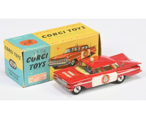 Corgi Toys 439 Chevrolet Impala "Fire Chief" Car - red body, white side flashes and door panels, lemon interior with 2 x figu