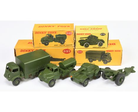 Dinky Toys group of Military Vehicles to include (1) 623 Army Covered Wagon - green, metal tilt, ridged hubs including treade