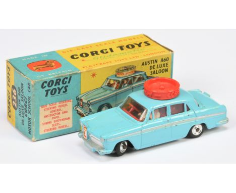 Corgi Toys 236 Austin A60 "Motor School" - Light blue body with silver trim and side flashes, red interior and roof turning d