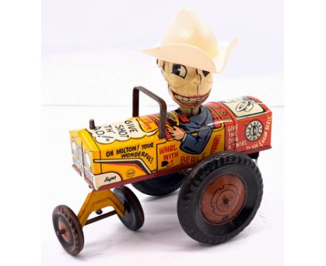 Marx Milton Berle Car, American, lithographed tin tractor shaped car with vivid and colourful illustrations and sayings of th