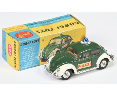 Corgi Toys 492 Volkswagen European "Police" Car - Green and white, brown interior with figures, chrome trim, spun hubs, blue 