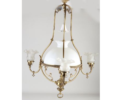Antique brass gas lamp.&nbsp;Four-light with glass shades.&nbsp;Circa 1900. Later electrified.&nbsp;Size: 90 x Ø 72 cm.&nbsp;
