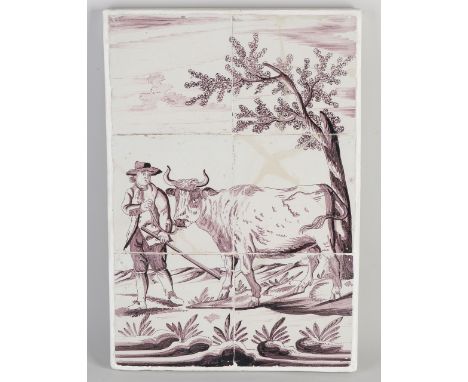 6-Adjust tile panel.&nbsp;19th century.&nbsp;Farmer with cow.&nbsp;Restorations.&nbsp;Dimensions: H 39 x W 26 cm.&nbsp;In dec
