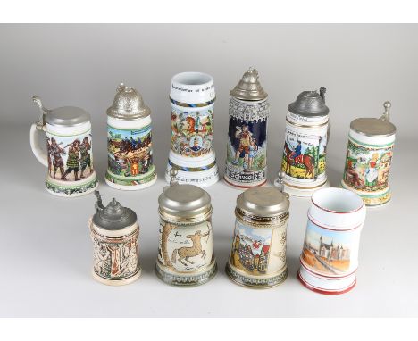 Ten German porcelain + ceramic beer mugs, including with tin lids.&nbsp;Second half of the 20th century.&nbsp;Dimensions: H 1