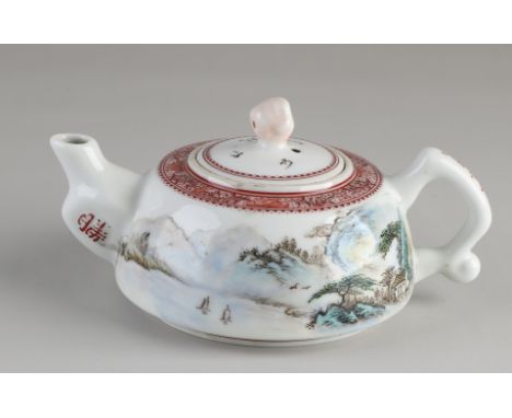 Chinese porcelain republic-style teapot with landscape + text.&nbsp;With bottom mark.&nbsp;Dimensions: 8.5 x 16 x Ø 11.5 cm.&