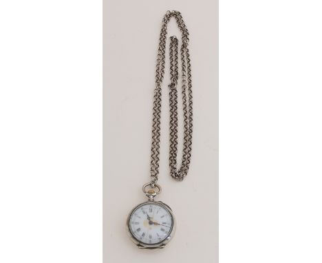 Silver pendant watch with jasseron chain, Watch, ø29mm, with white enamel dial with gold-colored details.&nbsp;The case has a