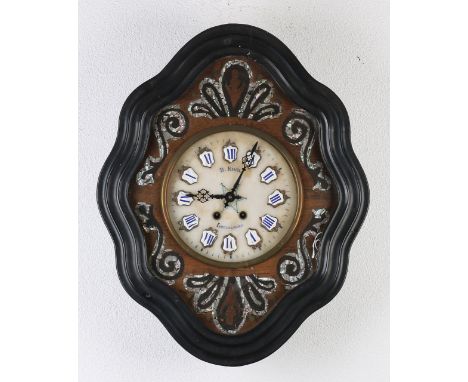 Antique French wall clock.&nbsp;Cow eye.&nbsp;Circa 1870. With mother-of-pearl inlay and alabaster / enamel dial.&nbsp;Eight-