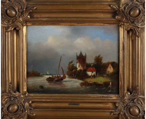 K. ten Hagen.&nbsp;Dutch School.&nbsp;19th century.&nbsp;Dutch river view with figures.&nbsp;Oil paint on panel.&nbsp;Dimensi