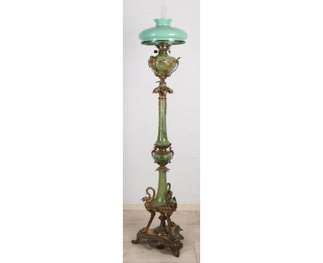 Very rare gilded 19th century standing paraffin lamp with mouth-blown glass spacers and reservoir.&nbsp;Adjustable in height.