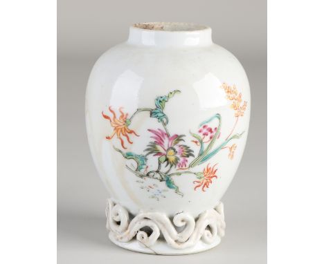 18th Century Chinese porcelain Family Rose tea caddy with floral / beetle decoration.&nbsp;One hairline + one firing error.&n