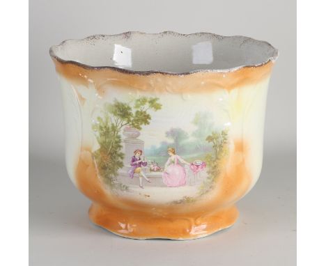 Large antique ceramic cachepot with figures in landscape decor.&nbsp;Circa 1900. Dimensions: H 22 x Ø 28 cm.&nbsp;In good con