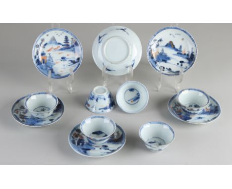 Six 18th century Chinese Imari porcelain cups and saucers with landscape / fisherman decoration. Some minimal chips + two hai