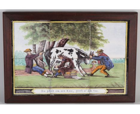 19th century Dutch polychrome tile tableau with the motto 'Who pleads for a cow, one admits'.&nbsp;Dimensions: H 26 x W 40 cm