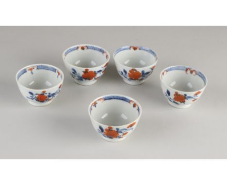 Five 18th century Chinese porcelain Imari cups and saucers with garden decoration.&nbsp;Of which: One saucer, hairline has, r