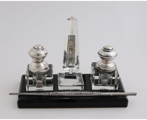 Inkstand with marble holder with 2 crystal inkwells with silver collar and cap with pearl rim, a press paper, thermometer is 
