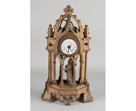 Antique French composition metal alarm clock with automatic.&nbsp;Monk rings the bell.&nbsp;Neo Gothic.&nbsp;Circa 1890. Size