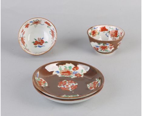 Two 19th century Chinese porcelain Capuchin cups and saucers.&nbsp;With floral / gold decor.&nbsp;One cup of hairline crack, 