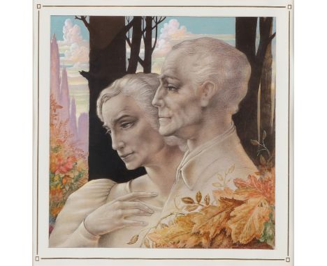 Johfra.&nbsp;1919 - 1998. Franciscus Johannes Gijsbertus van den Berg self-portrait?&nbsp;with wife.&nbsp;Watercolor on paper