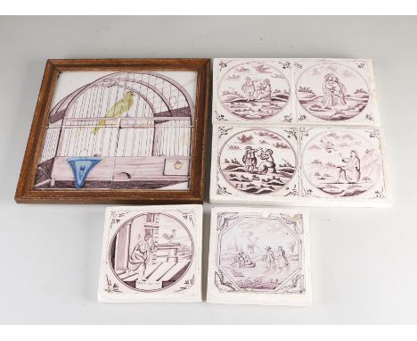 Eight pieces of wall tiles, religious.&nbsp;And a 4-pass tile tableau, birdcage decor.&nbsp;Damaged.&nbsp;Size: 13 - 26 cm.&n