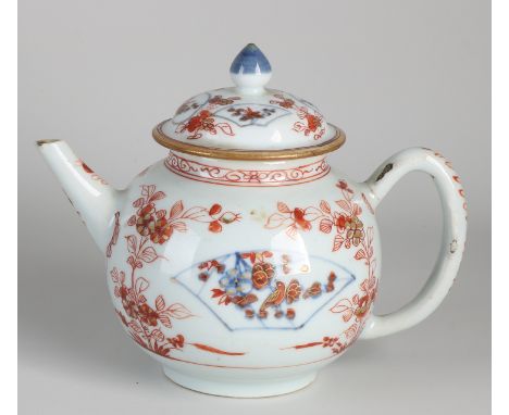 18th Century Chinese porcelain teapot with floral / bird / gold decoration.&nbsp;Hairline handle + chip spout.&nbsp;Size: 14 