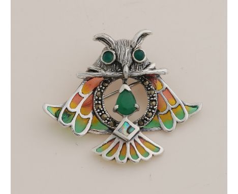 Silver brooch / pendant, 925/000, in the shape of an owl with window enamel, marquisite, black mother-of-pearl and green ston