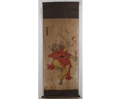 Ancient Chinese scroll painting on paper depicting figures.&nbsp;Woodcut?&nbsp;Single folds.&nbsp;Dimensions: H 125 x W 59 cm