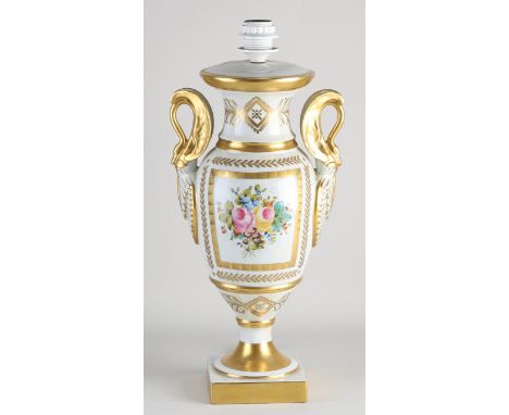 Large Limoges porcelain hand-painted table lamp with floral / gold decor in Empire style.&nbsp;20th century.&nbsp;Dimensions: