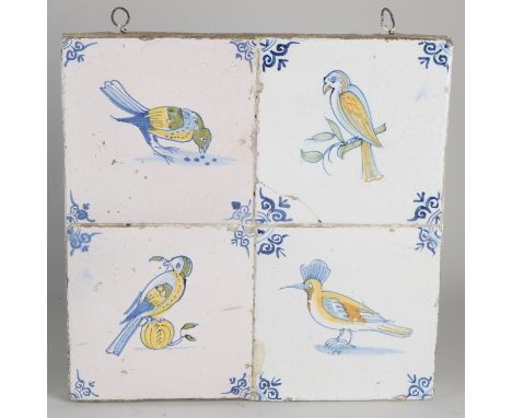 Dutch 17th century polychrome quatrefoil tile tableau with bird decoration.&nbsp;Damages.&nbsp;Size: 26 x 26 cm.&nbsp;In fair