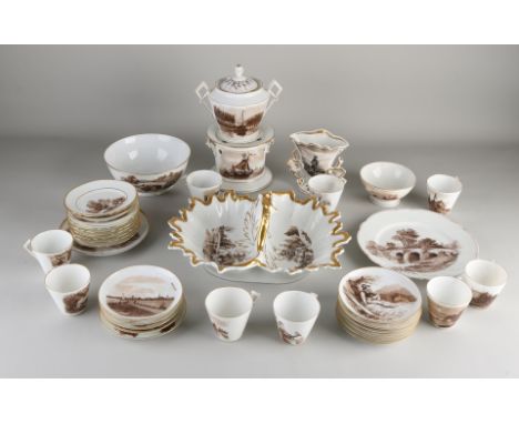 Rare 22-piece, 19th century, Dutch hand-painted service with various landscapes and figurines.&nbsp;In sepia colors.&nbsp;Con