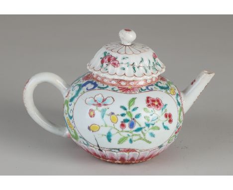 18th Century Chinese porcelain Family Rose teapot with floral decoration.&nbsp;Chip lid bottom edge.&nbsp;Possible handle res