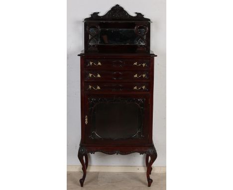 Antique English Victorian mahogany cabinet for bakelite playing records et cetera.&nbsp;With mirror curb and three drawers, w