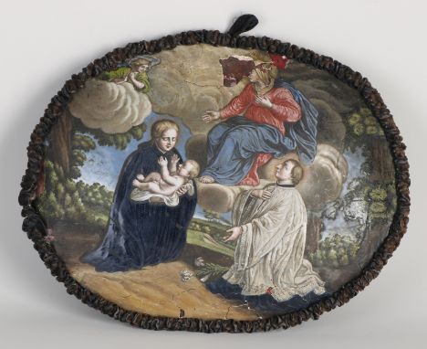 17th - 18th Century oval enamel baroque painting.&nbsp;Religious scene.&nbsp;On tin panel.&nbsp;Damaged.&nbsp;Dimensions: H 1