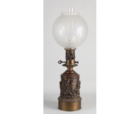 Antique copper kerosene lamp with figures decor.&nbsp;Historicism.&nbsp;Maritime.&nbsp;Later electrified with beautiful etche