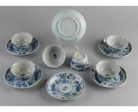 Six 18th century Chinese porcelain cups and saucers.&nbsp;Three cups good, three cups chip, five saucers good, one hairline.&