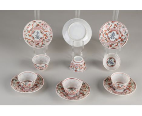 Six 19th century Chinese porcelain Familie Verte cups and saucers with floral / character decoration.&nbsp;Of which: Four sau